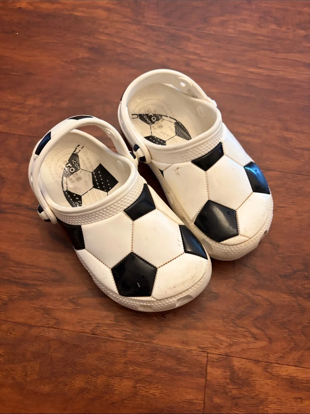 Kids White and Black Soccer Print Crocs- Comfortable Play Shoes